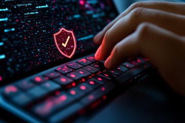 Realistic image of a person typing on a keyboard with a shield icon on the screen, representing secure online practices and information protection