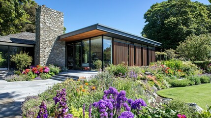 A modern house in New Zealand, with large stone walls and steel cladding. Wooden slats on the front of the building allow for sunlight, 
