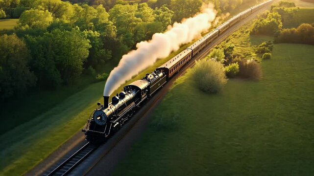 An aerial view of a steam train chugging through a lush green forest. The train is surrounded by a thick cloud of smoke, and the sunlight shines through the trees.