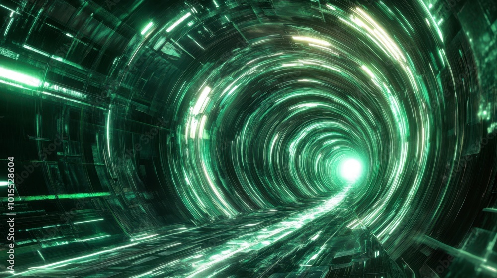 Poster glowing lines in shades of green, creating an abstract tunnel effect, resembling a digital passagewa