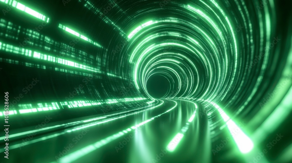 Poster glowing lines in shades of green, creating an abstract tunnel effect, resembling a digital passagewa