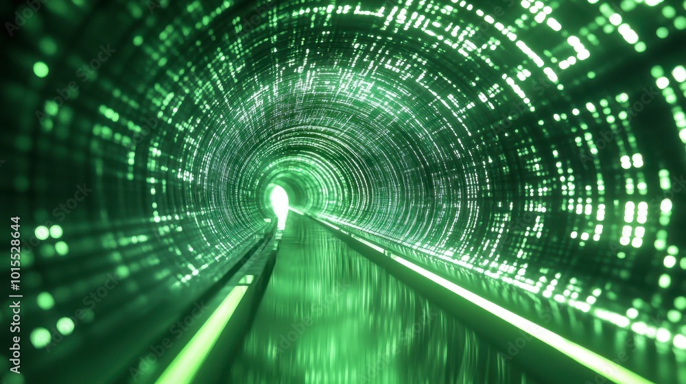 Poster glowing lines in shades of green, creating an abstract tunnel effect, resembling a digital passagewa