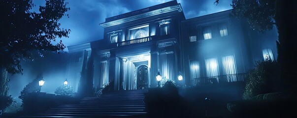 Obraz premium A mysterious mansion illuminated by blue light, shrouded in fog, evoking an eerie and captivating atmosphere at night.