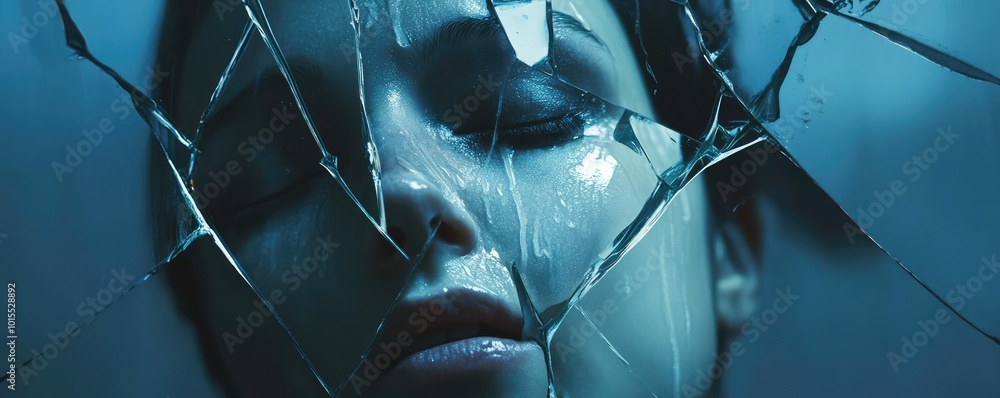 Poster a haunting portrait of a serene face captured behind fragmented glass, evoking themes of isolation a