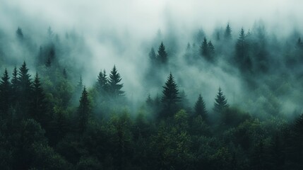 Misty pine forest offers a serene view, with towering trees shrouded in a veil of soft fog.