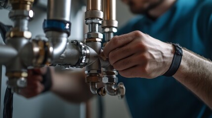 Close-up of a skilled plumber assembling heating system components focusing on pipes and fittings for professional installation and home comfort solutions
