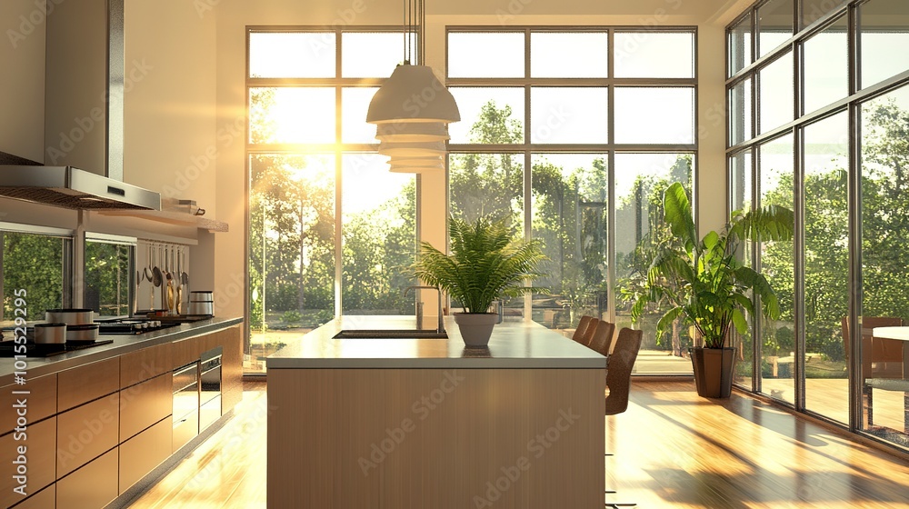 Canvas Prints A contemporary kitchen features an island with a potted plant, pendant lights, and expansive windows that allow natural light to flood the space. The decor is sleek and inviting. 