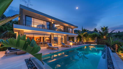 Fototapeta premium Modern Villa with Swimming Pool at Dusk