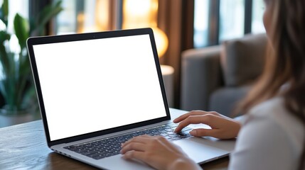 Elegant woman's hands interacting with laptop touchpad on clean white screen symbolizing digital engagement modern technology and work productivity