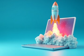 A rocket launches from a laptop screen, symbolizing innovation, technology, and limitless potential