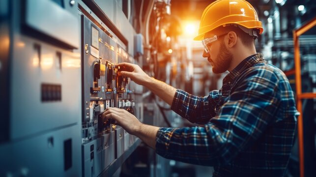 Electrician Engineer Inspecting Interlock Generator Control Panels with Shiny Lighting for Maintenance and Power Plant Efficiency