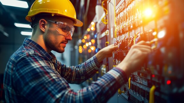 Electrician Engineer Inspecting Power Plant Generator Control Panel with Shiny Lights for Optimal Performance and Safety in Energy Management
