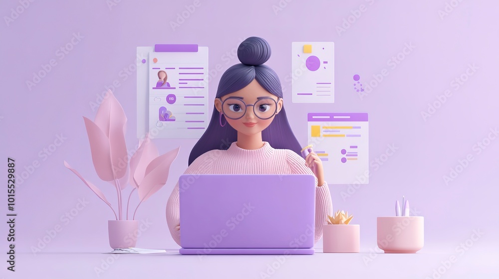 Canvas Prints 3D woman character working on her laptop, with employee engagement survey results in the background, plain light purple setting  