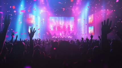 A vibrant concert stage with colorful lights, confetti, and cheering crowds, full of energy and...