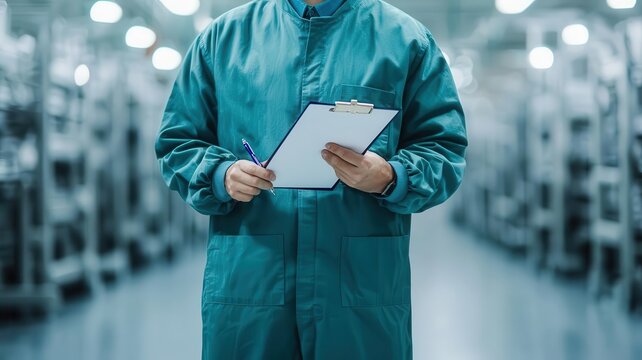 Quality control manager holding a clipboard, examining a production line for flaws and performance issues, Factory Inspection, Improvement Audit