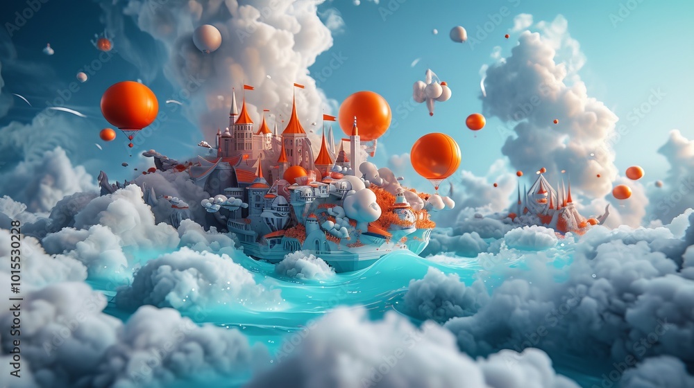 Poster a whimsical floating castle set amidst clouds and surrounded by vibrant orange balloons. this imagin