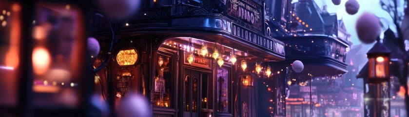 A mystical street scene illuminated by lanterns, featuring elegant buildings and a dreamy nighttime atmosphere.
