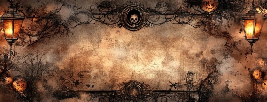Mysterious vintage background with skull, ornate frames, and lanterns, perfect for Halloween or gothic themed projects.