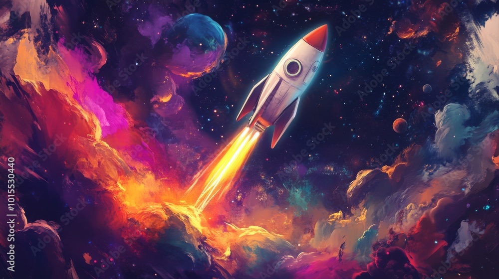Poster a sleek rocket ascends through a brilliant array of colorful clouds, leaving a fiery trail as it jou