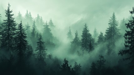 Misty pine forest offers a serene view, with towering trees shrouded in a veil of soft fog.