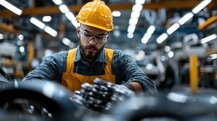 Worker conducting a visual inspection of automotive parts in a factory, automotive quality control, manufacturing inspection