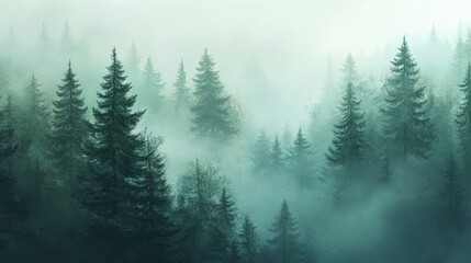 Obraz premium Misty pine forest offers a serene view, with towering trees shrouded in a veil of soft fog.