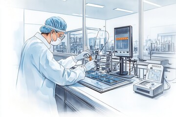 Naklejka premium Worker in a cleanroom environment conducting quality checks on microchip production, Microchip Inspection, High-Tech Manufacturing
