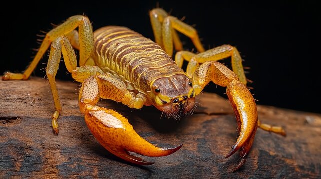 High Venomous Deathstalker Scorpion on Textured Wood Against Dark Background Showcasing Nature's Intriguing Arachnid Beauty and Wildlife Diversity