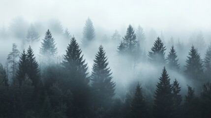 Fototapeta premium Misty pine forest offers a serene view, with towering trees shrouded in a veil of soft fog.
