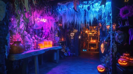 A vibrant Halloween-themed room featuring colorful lights, spooky decorations, and carved pumpkins, perfect for festive events.