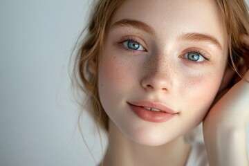 Naklejka premium A beautiful woman applies makeup with precision, enhancing her features and showcasing her style.