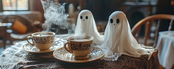 Charming ghosts enjoying steaming cups of tea in a cozy setting, perfect for Halloween or whimsical decoration themes.