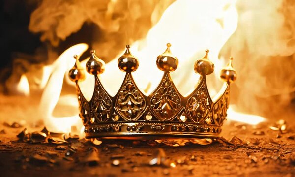 A golden crown, encrusted with sparkling jewels, lies on the ground, surrounded by dark, charred earth. Bright, orange flames dance around it, casting flickering shadows