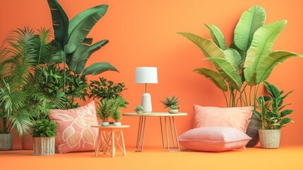 Fototapeta premium Vibrant indoor plants arranged with cozy pillows and stylish lamps on a warm orange background enhancing home decor and relaxation aesthetics.