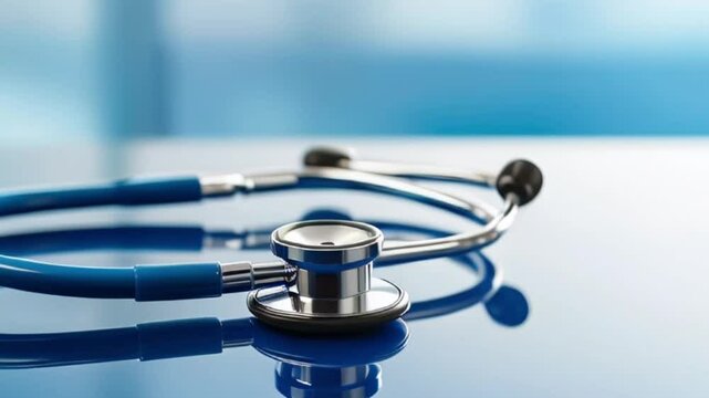 stethoscope on a reflective blue surface with a soft focus background, symbolizing healthcare, diagnostics, and medical tools created with generative ai	

