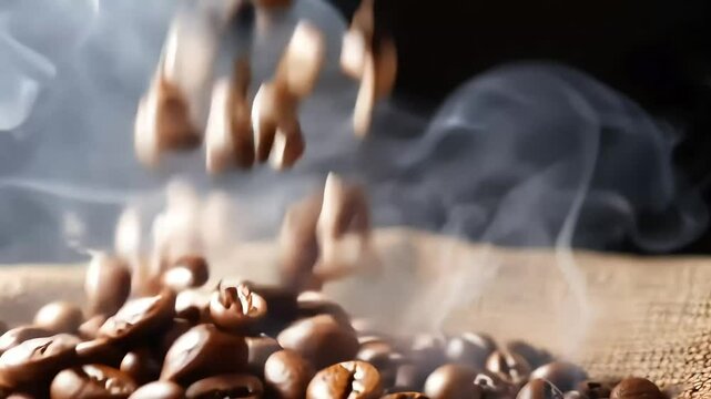 visual impact roasted coffee beans falling to bur lap bag frombottom view dark key shot captures aromatic essence enhanced soft diffused smoke 4K quality hot drink grain mocha organic flavoured roast
