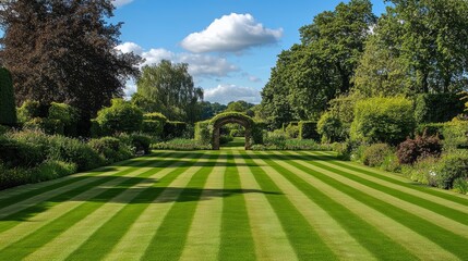 Fototapeta premium Lush striped lawn surrounded by elegant trees enchanting pathways and a decorative arch creating a serene landscape for outdoor tranquility.