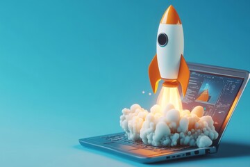 A rocket launches from a laptop screen, symbolizing innovation, technology, and limitless potential