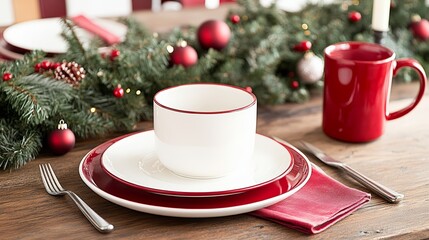Fototapeta premium Festive dining setup with red dishware, cutlery, and holiday decorations.