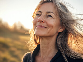 Obraz premium middle age older silver hair blonde woman is hiking on the hill for fun , smell the fresh air and sun light 