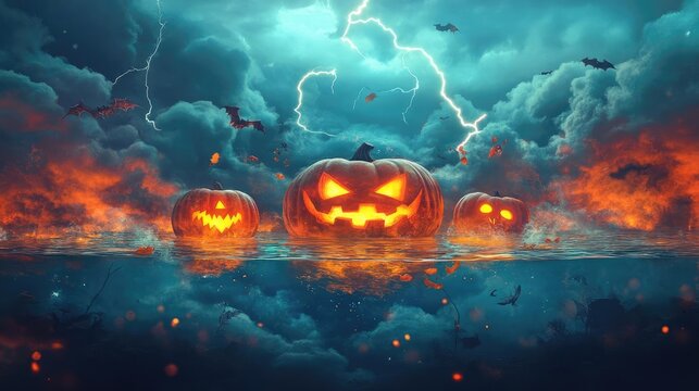 A spooky Halloween scene with glowing pumpkins reflected in water under a stormy sky, creating an eerie atmosphere.