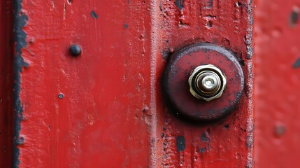 Close-up of metallic screw embedded in a vibrant red iron plate showcasing industrial design details fasteners engineering and hardware connection concepts.