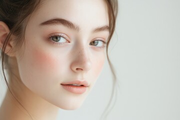 Naklejka premium A beautiful woman applies makeup with precision, enhancing her features and showcasing her style.