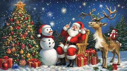 Festive Christmas scene with Santa, reindeer, snowman, and gifts under a sparkling tree in snowy landscape, capturing holiday magic.