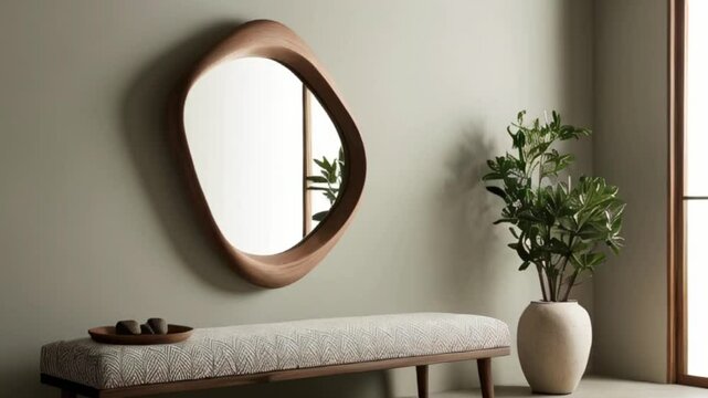 Organic shaped japanese style asymmetrical mirror with a wooden frame on the wall in front of the bench, wabi sabi interior design home decor for luxury house created with generative ai	