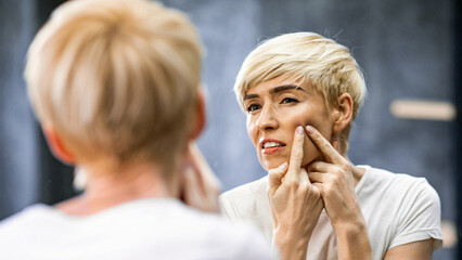 Acne Problem. Middle-Aged Woman Squeezing Pimple On Face Skin Standing In Bathroom. Selective Focus