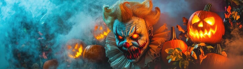 A creepy clown emerges from fog amidst glowing pumpkins, evoking a chilling Halloween atmosphere filled with suspense.