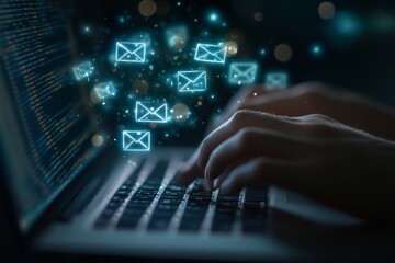 A person types on a laptop with glowing envelopes above, showcasing email marketing in action.