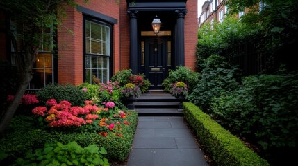 A Victorian townhouse in London features a deep navy front door surrounded by sculpted columns, leading to a vibrant garden filled with flowers and trimmed hedges