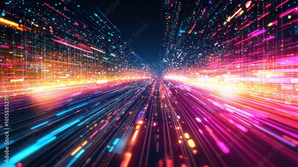 Poster dynamic light trails creating a vibrant digital effect, abstract background.